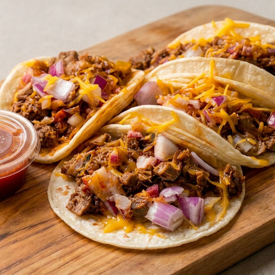 Four soft tacos filled with seasoned meat, shredded cheese, and red onions sit on a wooden board beside salsa.