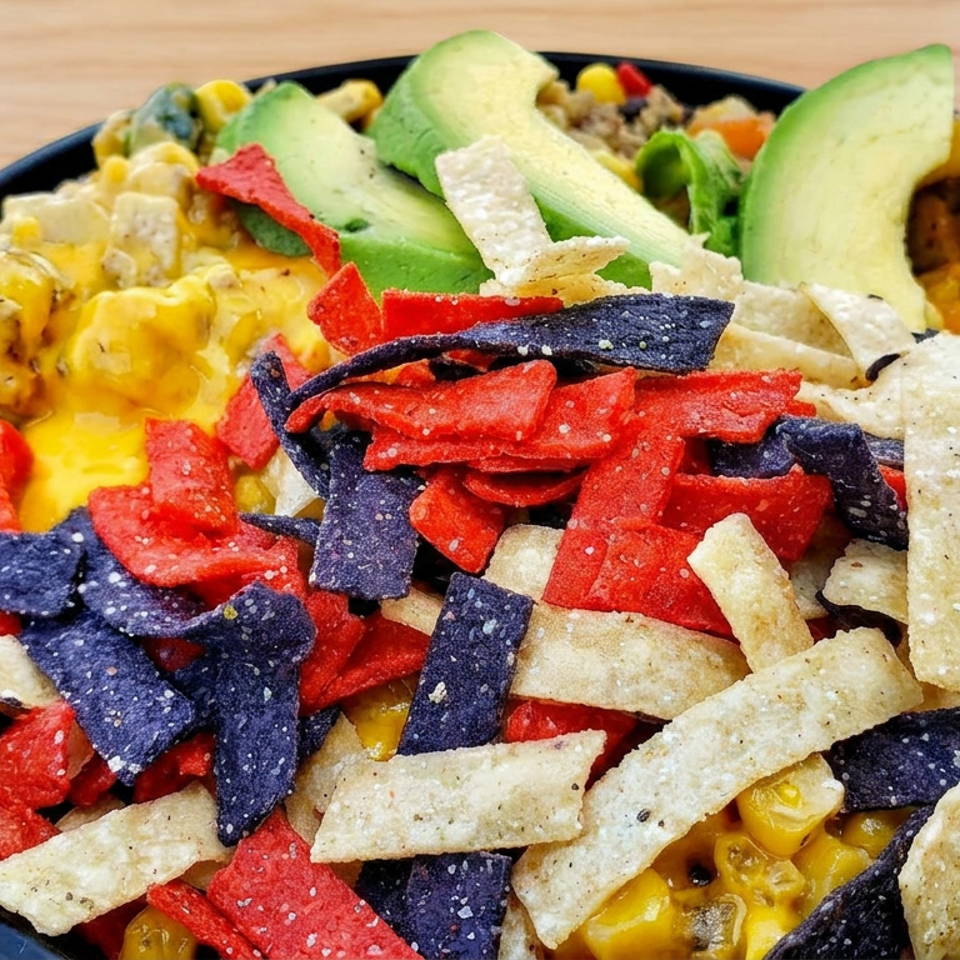 Bowl of nachos topped with melted cheese, corn, black beans, avocado slices, and red, blue, and white tortilla strips.