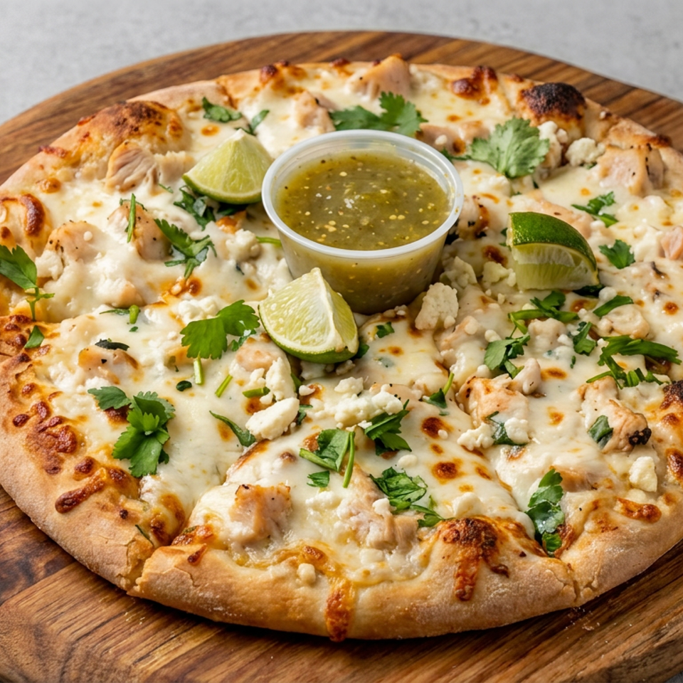 Cheesy chicken pizza topped with cilantro, lime wedges, and a cup of green salsa on a wooden serving board.
