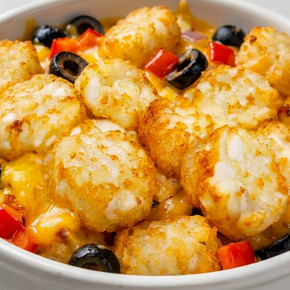 Bowl of golden baked potato tots topped with melted cheese, sliced black olives, and red peppers.