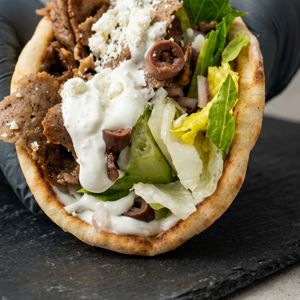 Gyro pita stuffed with seasoned meat, tzatziki, feta, olives, cucumber, and lettuce, held by a gloved hand over slate.